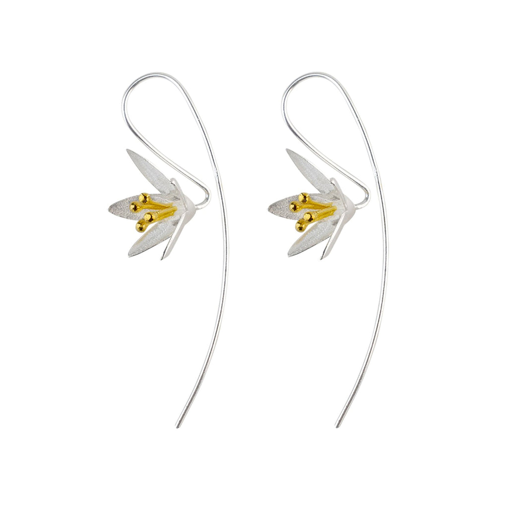 Silver and Yellow-Gold Lily Flower with a Long Back Earrings