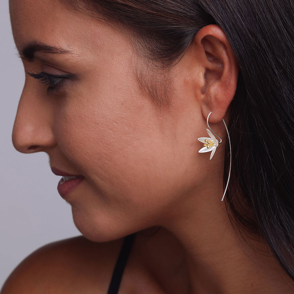 Silver and Yellow-Gold Lily Flower with a Long Back Earrings