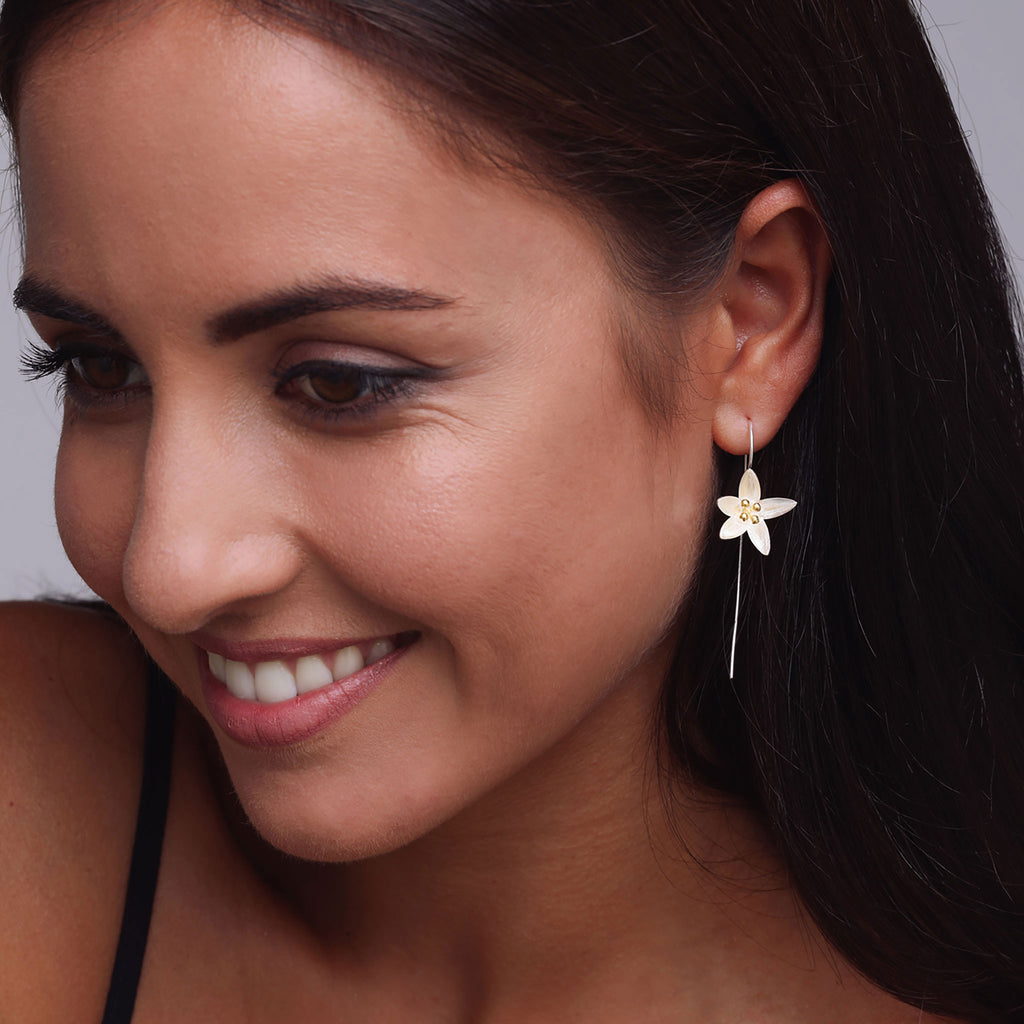 Silver and Yellow-Gold Lily Flower with a Long Back Earrings