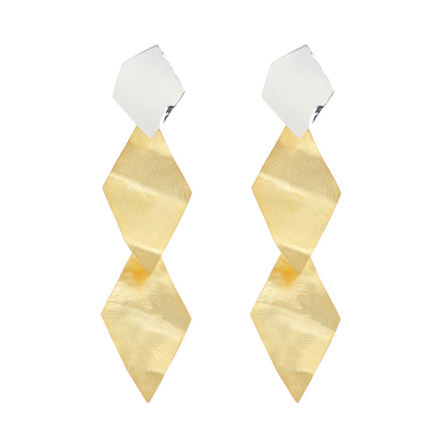 Silver and Yellow-Gold Long Cubic Art Style Earrings