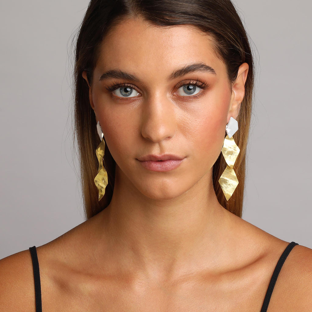 Silver and Yellow-Gold Long Cubic Art Style Earrings
