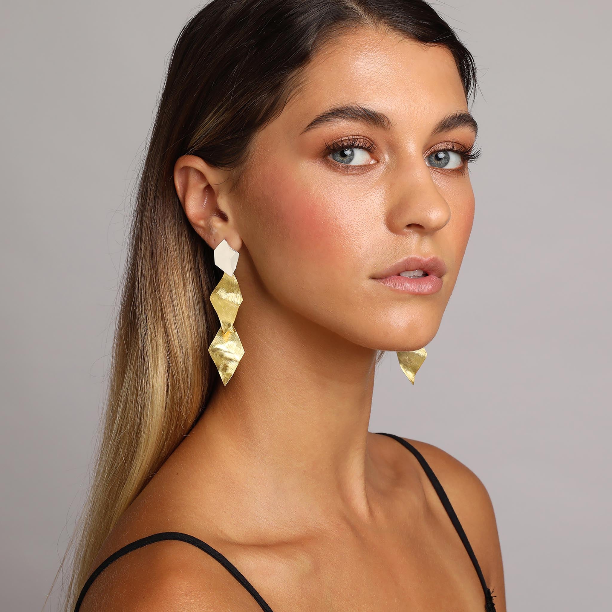 Silver and Yellow-Gold Long Cubic Art Style Earrings