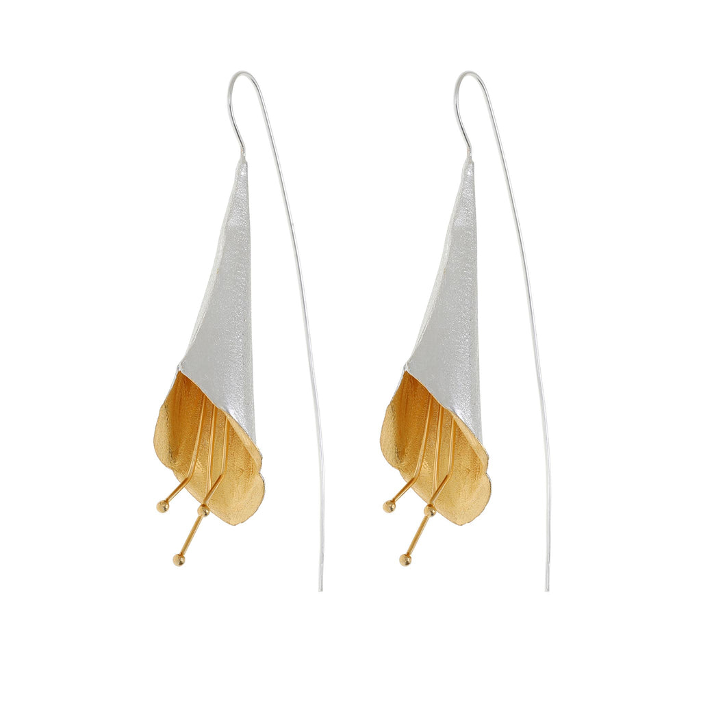 Silver and Yellow-Gold Long Trumpet Flower Earrings