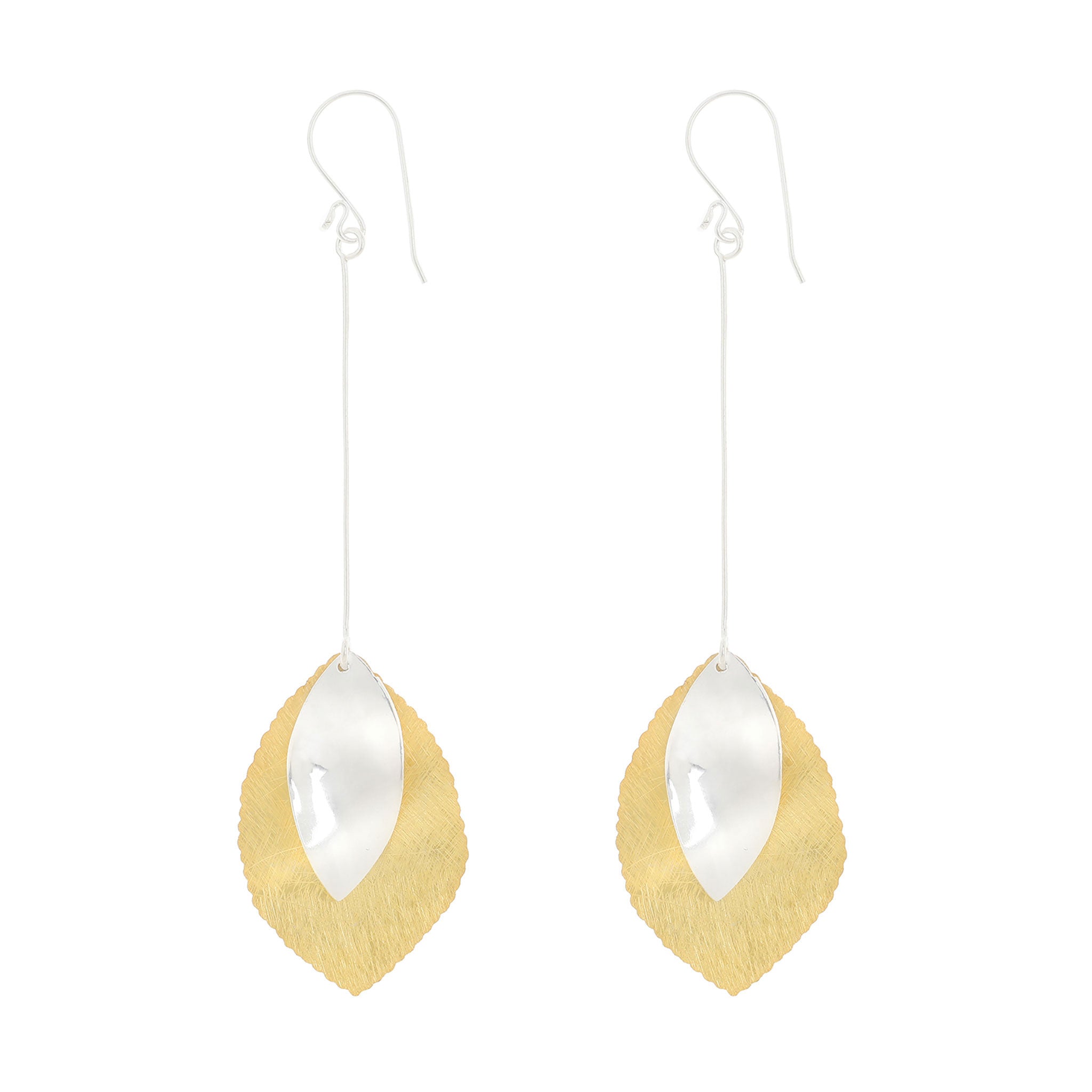 Silver and Yellow-Gold Long Two Leaves Earrings