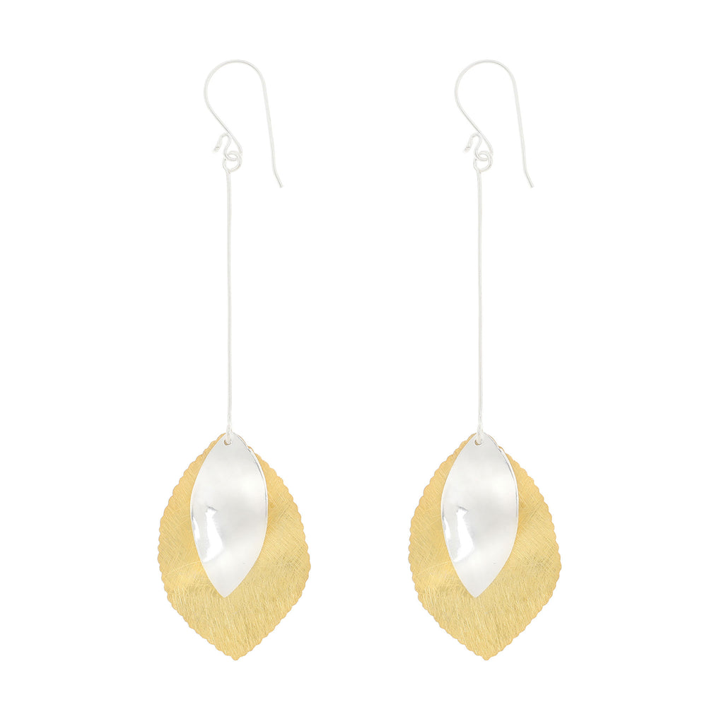 Silver and Yellow-Gold Long Two Leaves Earrings