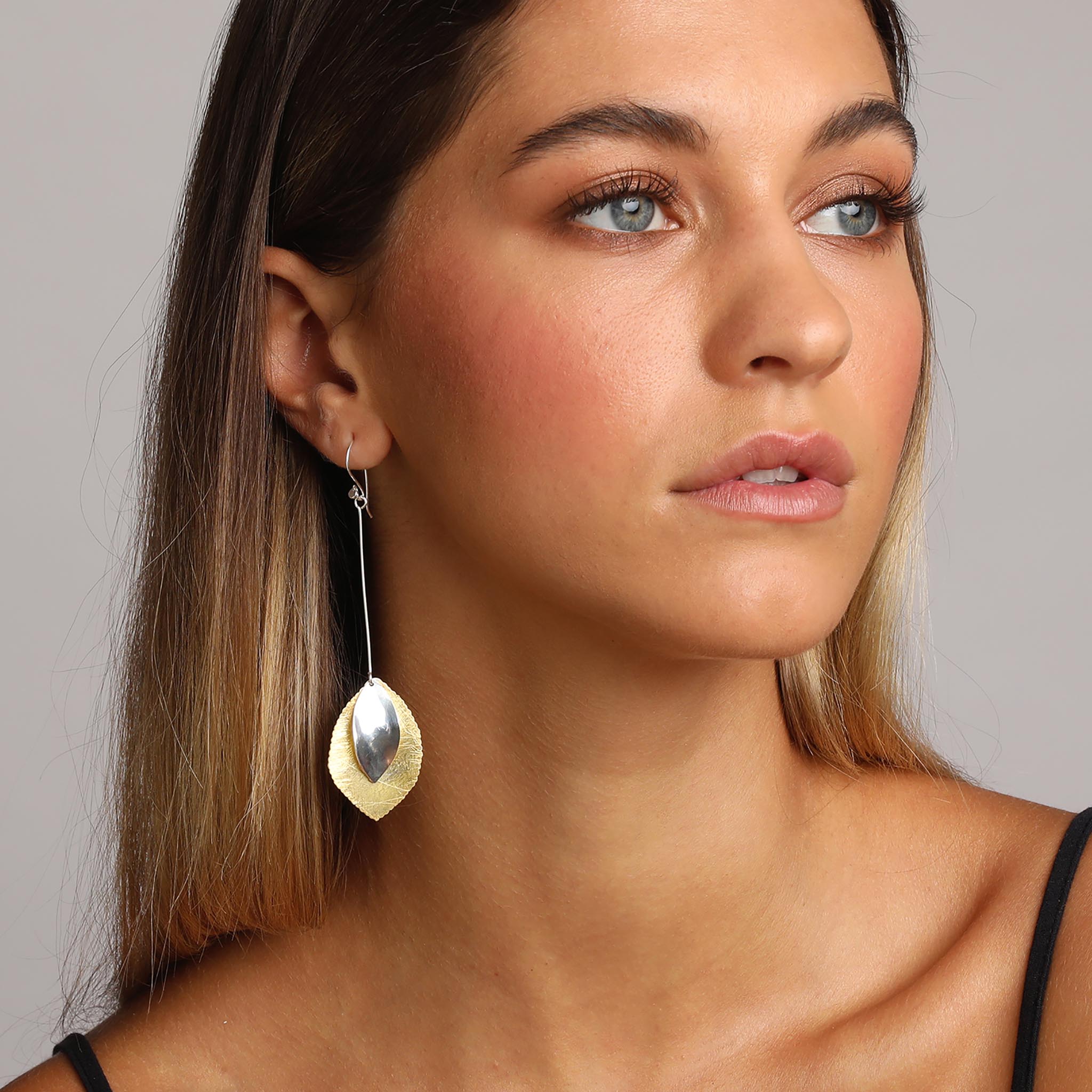Silver and Yellow-Gold Long Two Leaves Earrings