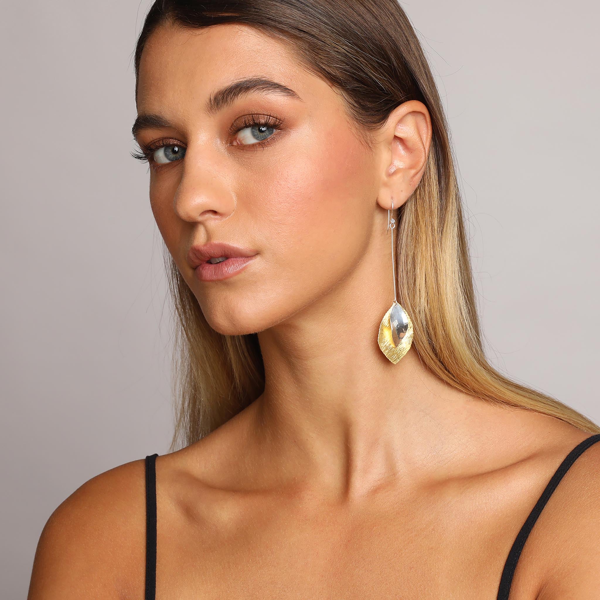 Silver and Yellow-Gold Long Two Leaves Earrings