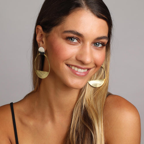 Silver and Yellow-Gold Modern Style Large Circle Stud Earrings