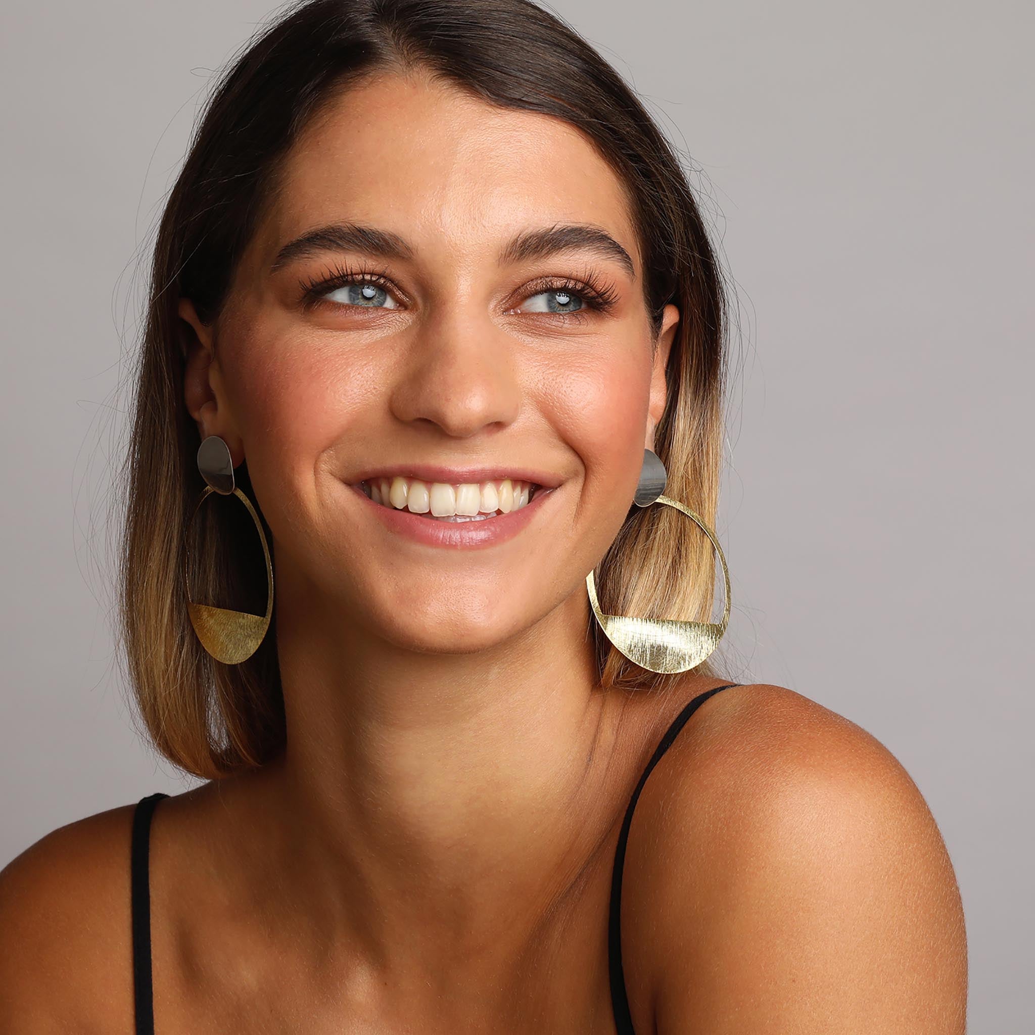 Silver and Yellow-Gold Modern Style Large Circle Stud Earrings