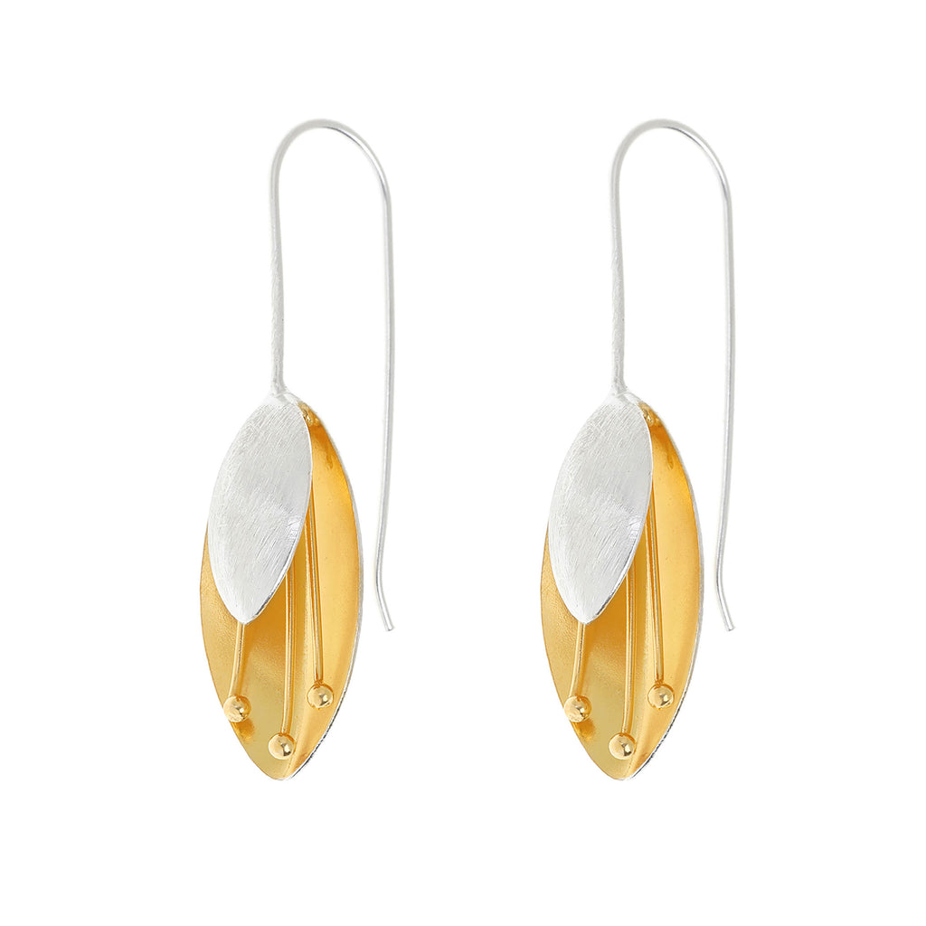 Silver and Yellow-Gold Pendant Flower Earrings