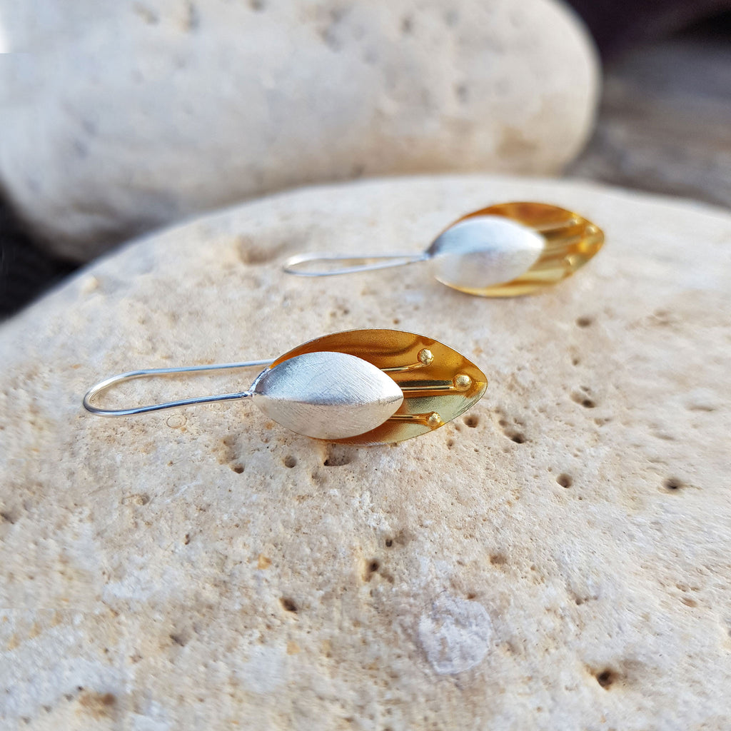 Silver and Yellow-Gold Pendant Flower Earrings