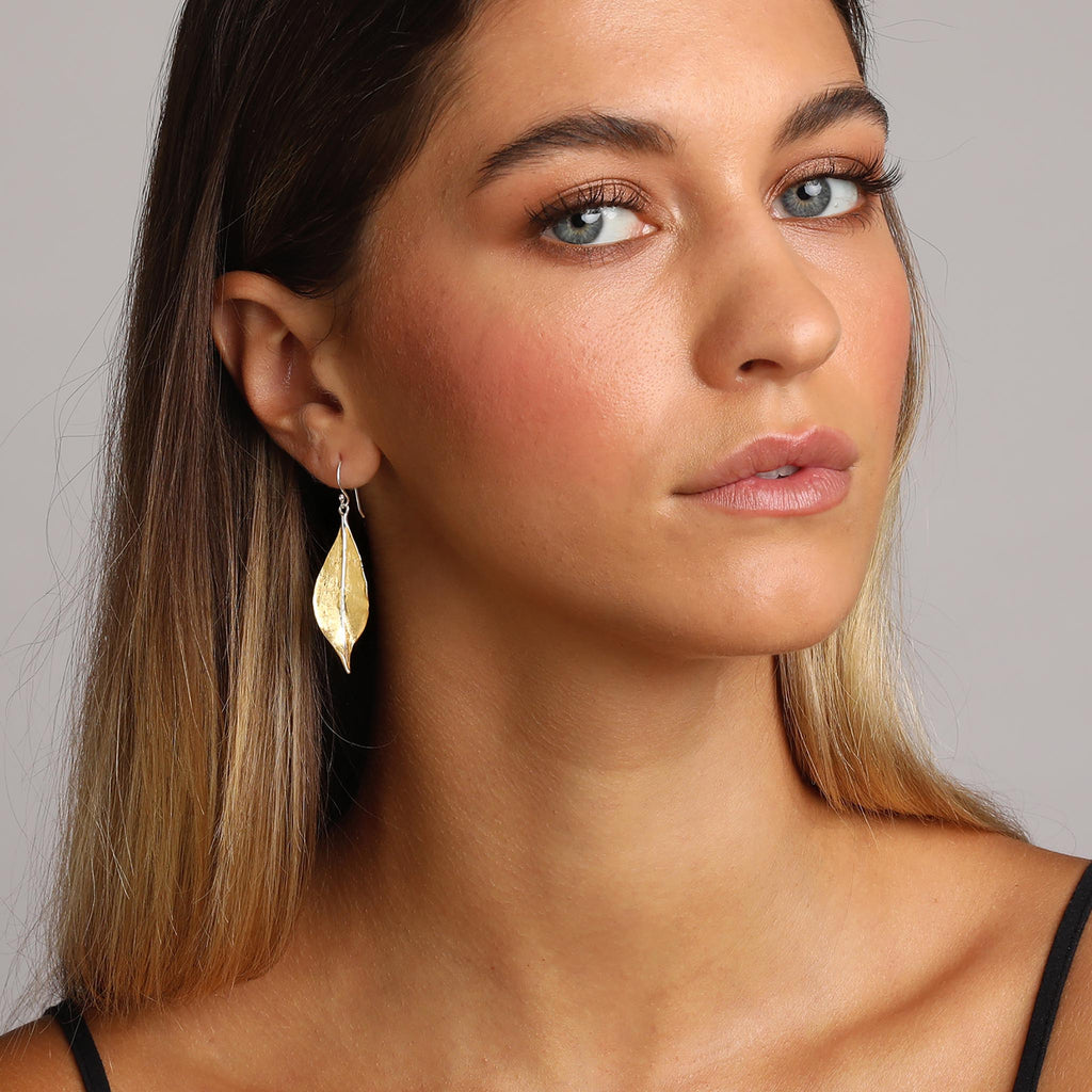 Silver and Yellow-Gold Plain Leaf Earrings