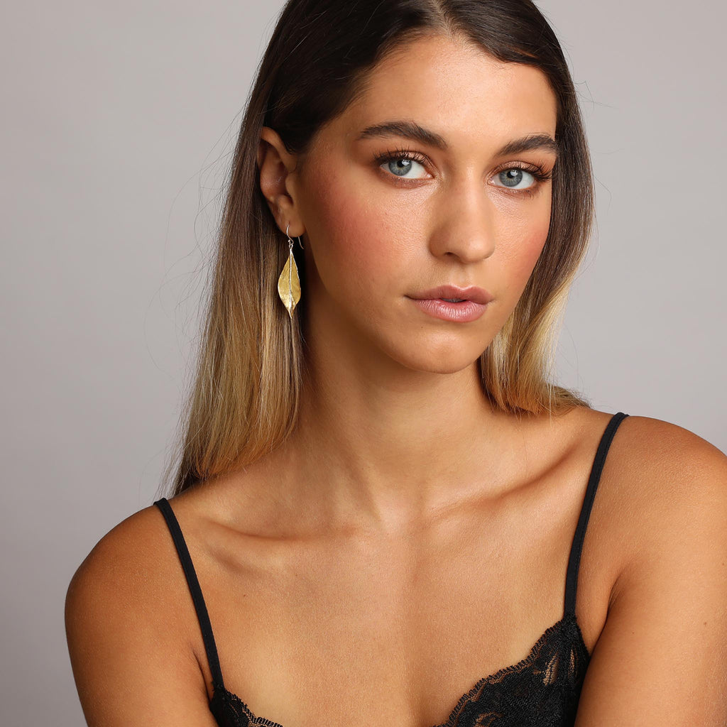 Silver and Yellow-Gold Plain Leaf Earrings