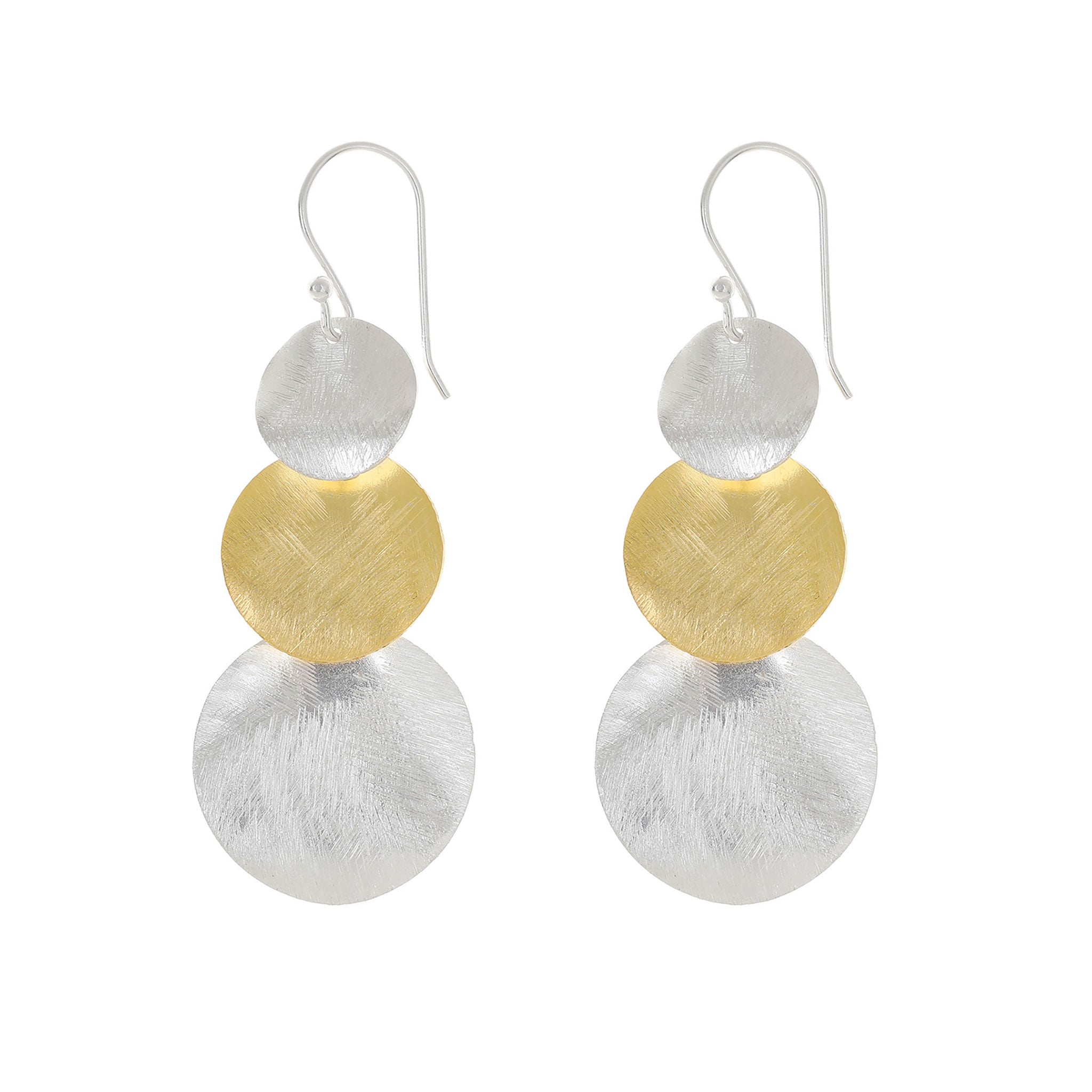 Silver and Yellow-Gold Three Plain Circles Earrings