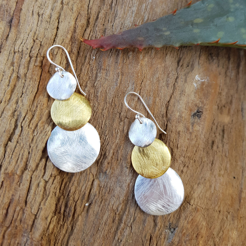 Silver and Yellow-Gold Three Plain Circles Earrings