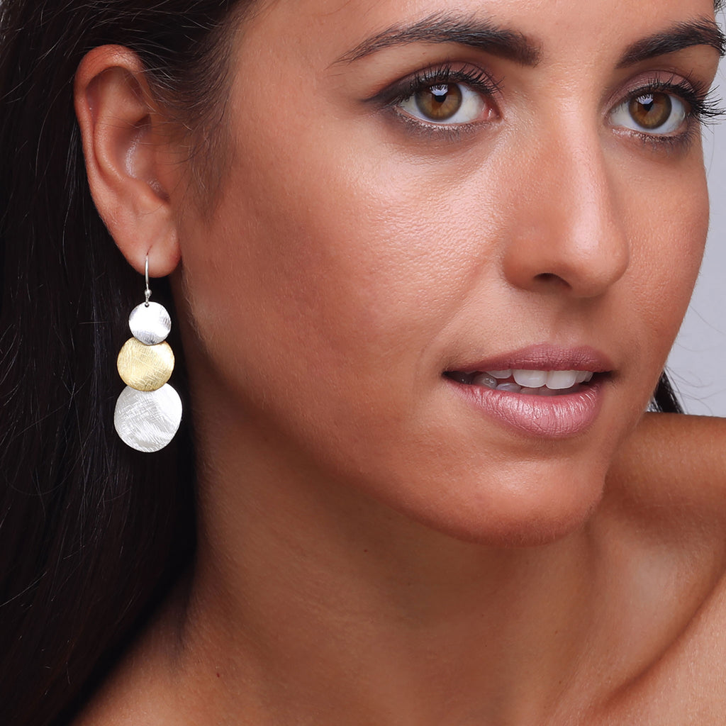 Silver and Yellow-Gold Three Plain Circles Earrings