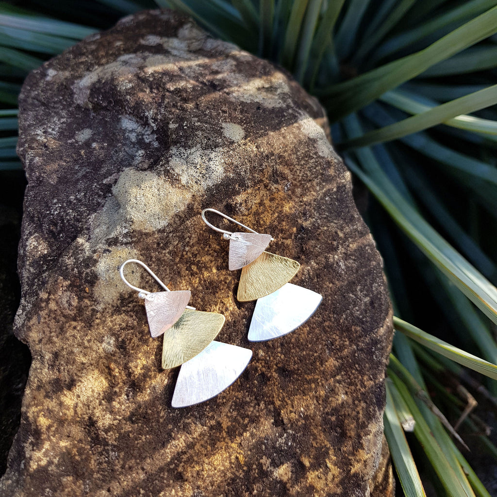 Silver and Yellow-Gold Three Plain Triangles Earrings