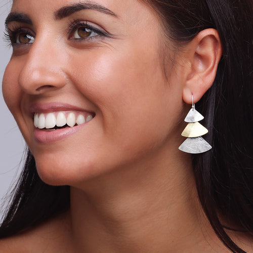 Silver and Yellow-Gold Three Plain Triangles Earrings