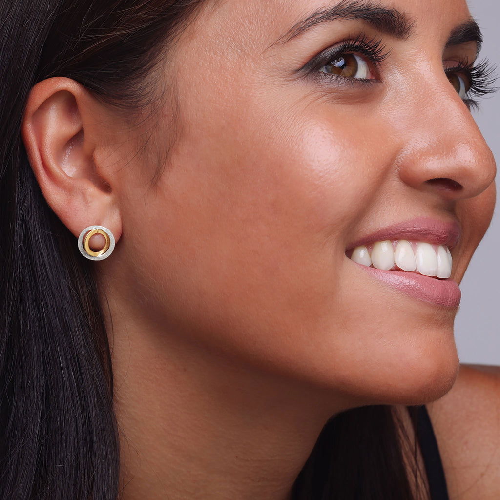 Silver and Yellow-Gold Two Circles Stud Earrings