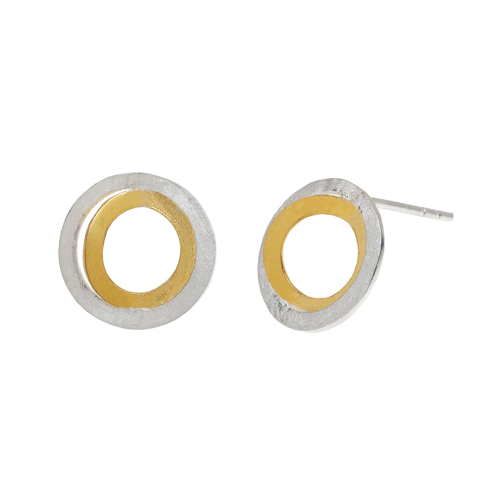 Silver and Yellow-Gold Two Circles Stud Earrings