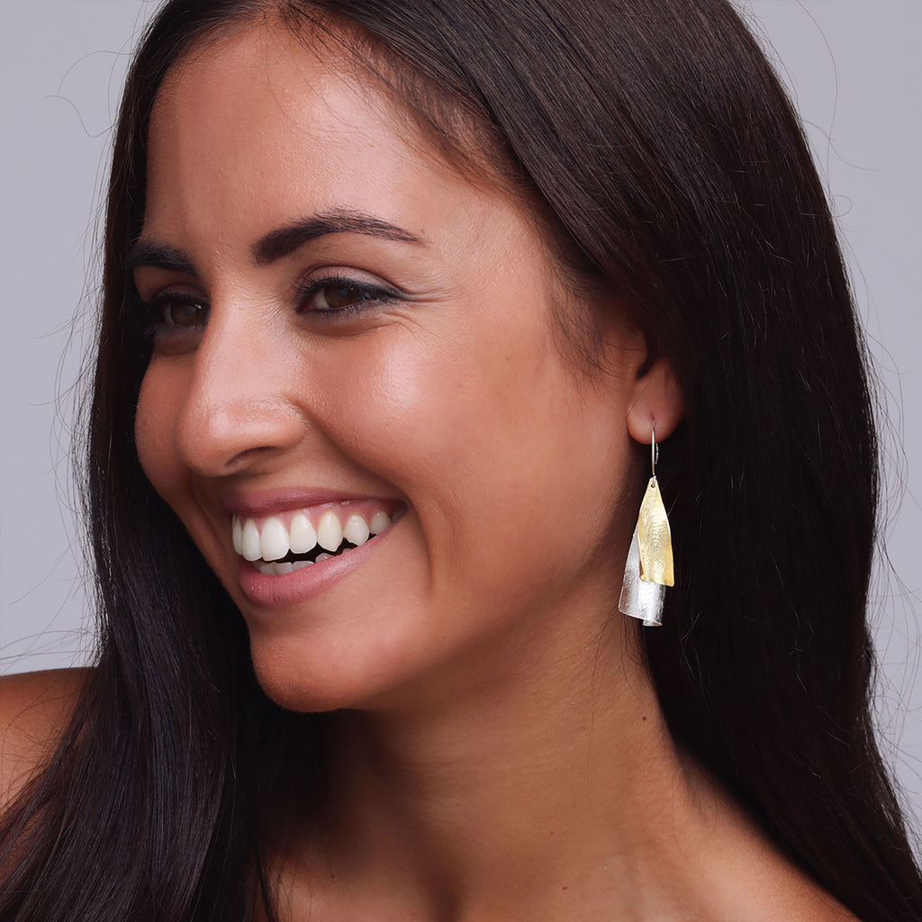 Silver and Yellow-Gold Two Leaves Earrings