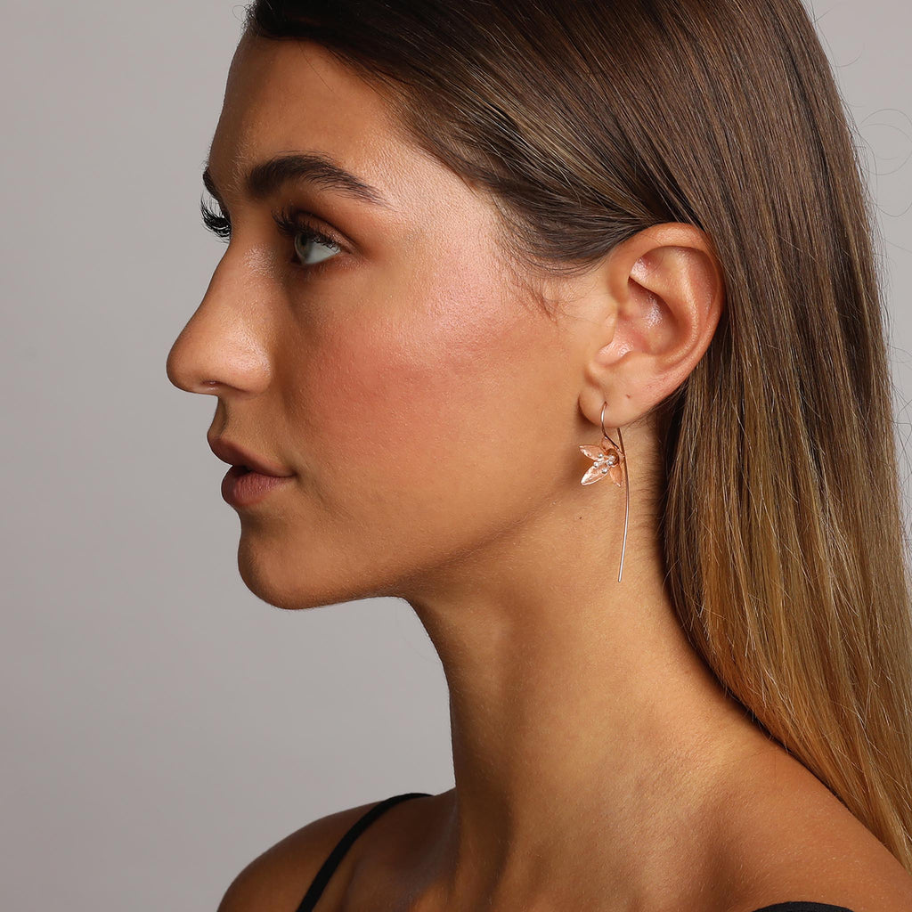 Silver and Rose-Gold Lily Flower with a Long back Earrings