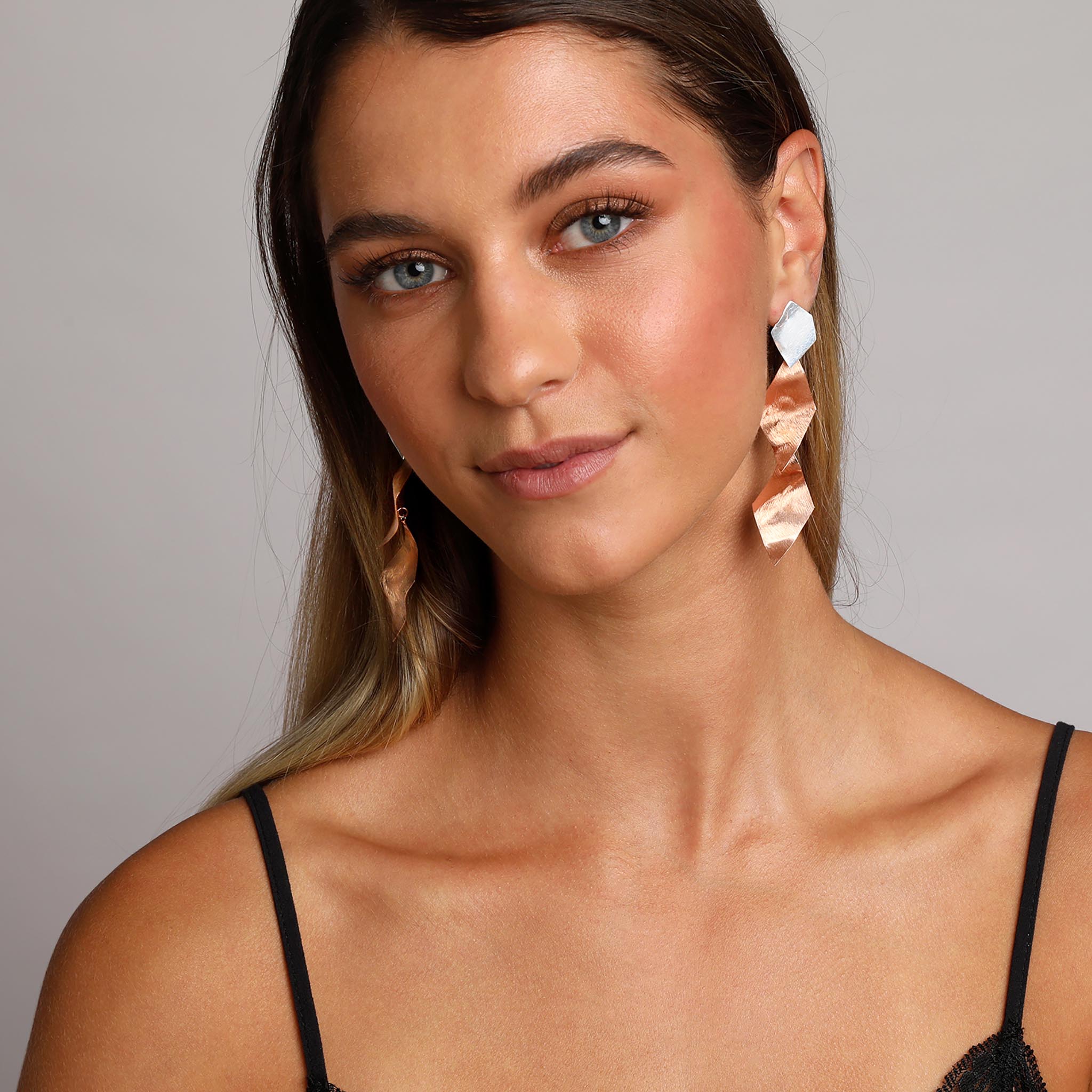 Silver and Rose-Gold Long Cubic Art Style Earrings