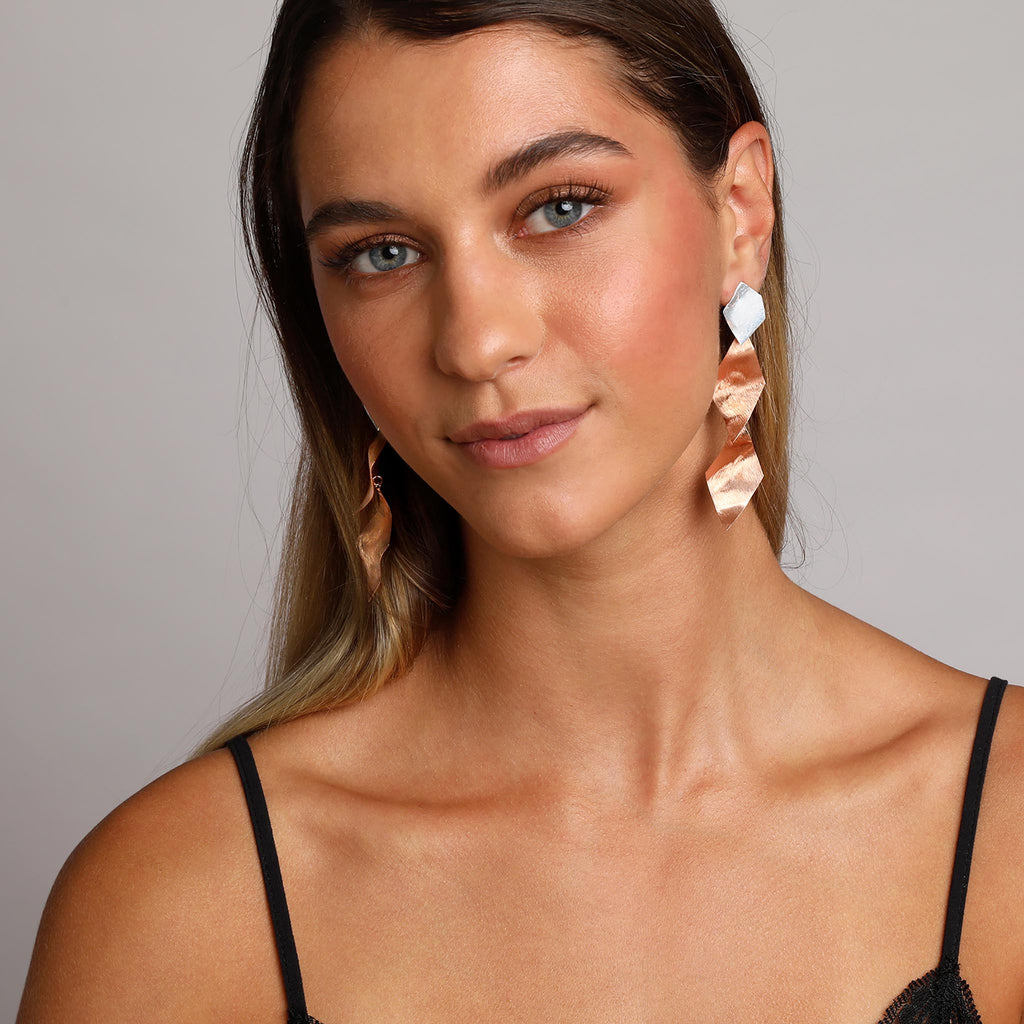 Silver and Rose-Gold Long Cubic Art Style Earrings