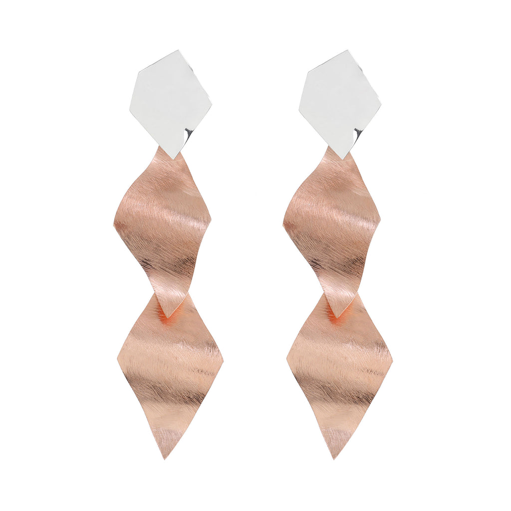 Silver and Rose-Gold Long Cubic Art Style Earrings