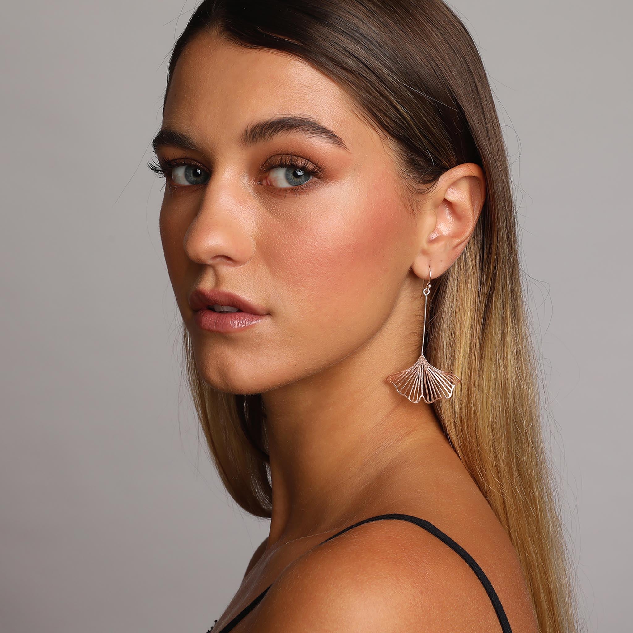 Silver and Rose-Gold Long Ginkgo Earrings