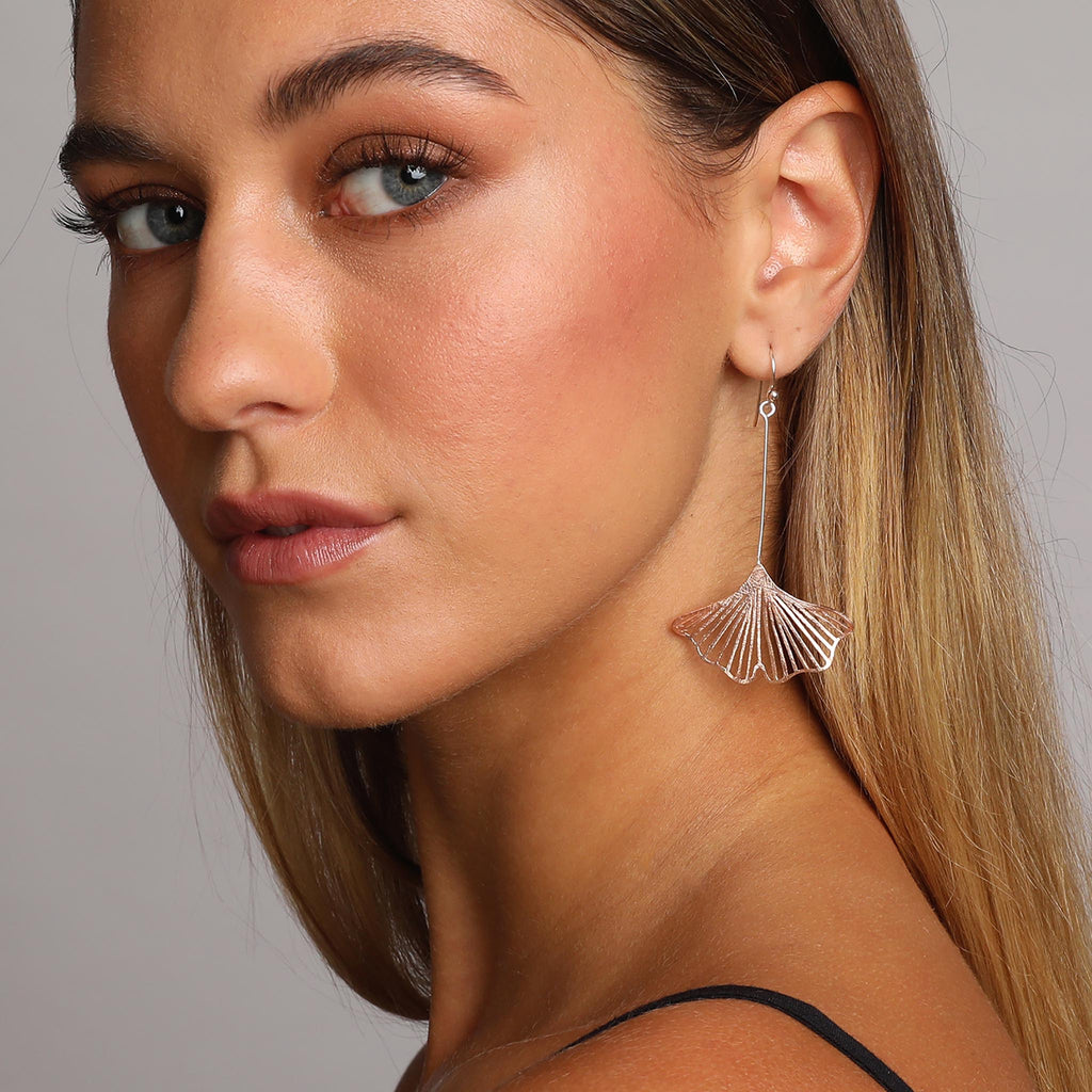 Silver and Rose-Gold Long Ginkgo Earrings