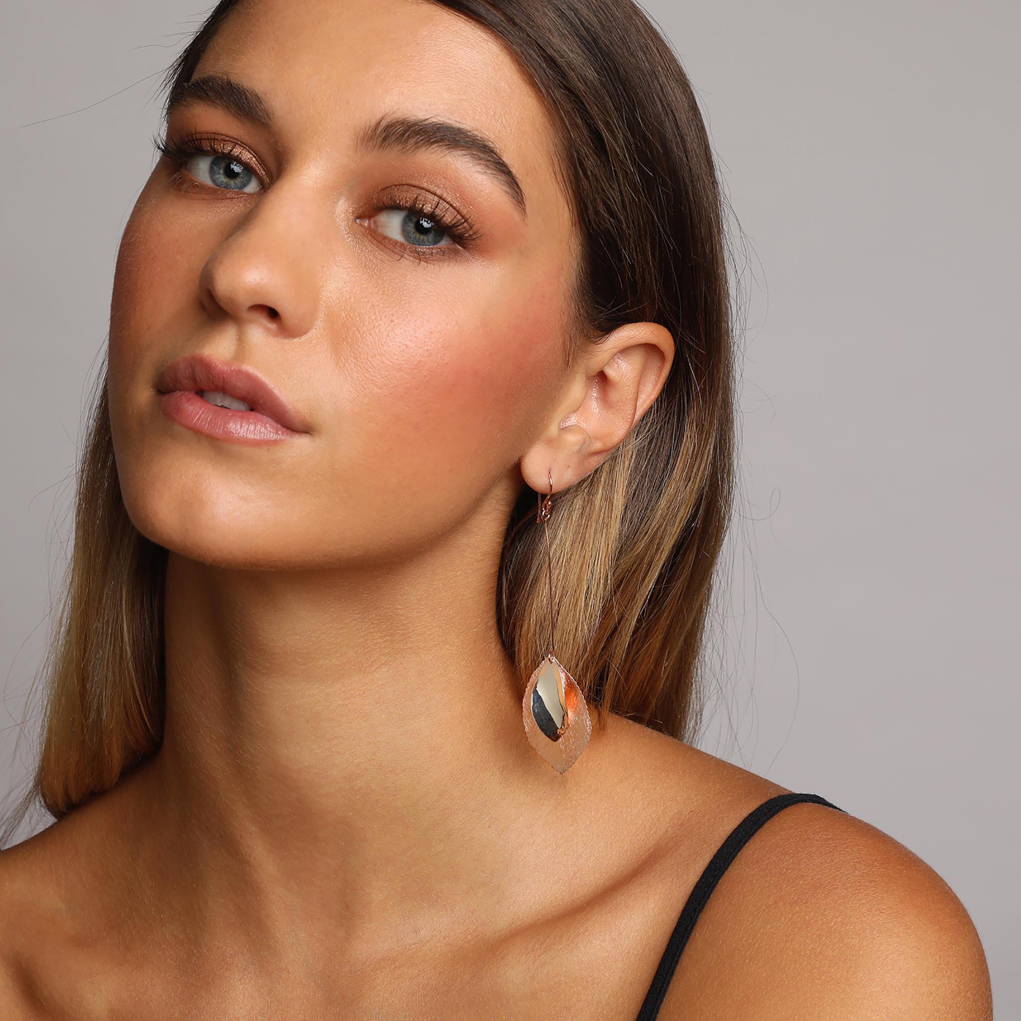 Silver and Rose-Gold Long Two Leaves Earrings