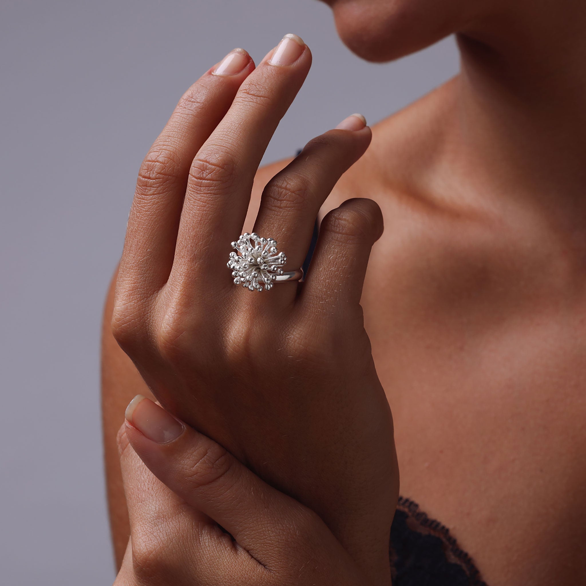 Silver Clover Flower Adjustable Ring