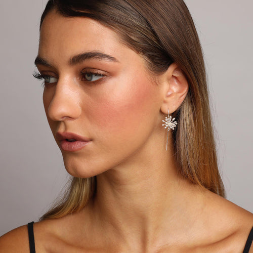 Silver Clover Flower with a Long Back Earrings