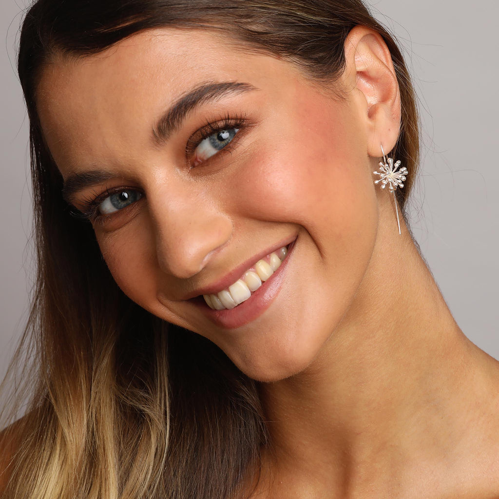 Silver Clover Flower with a Long Back Earrings