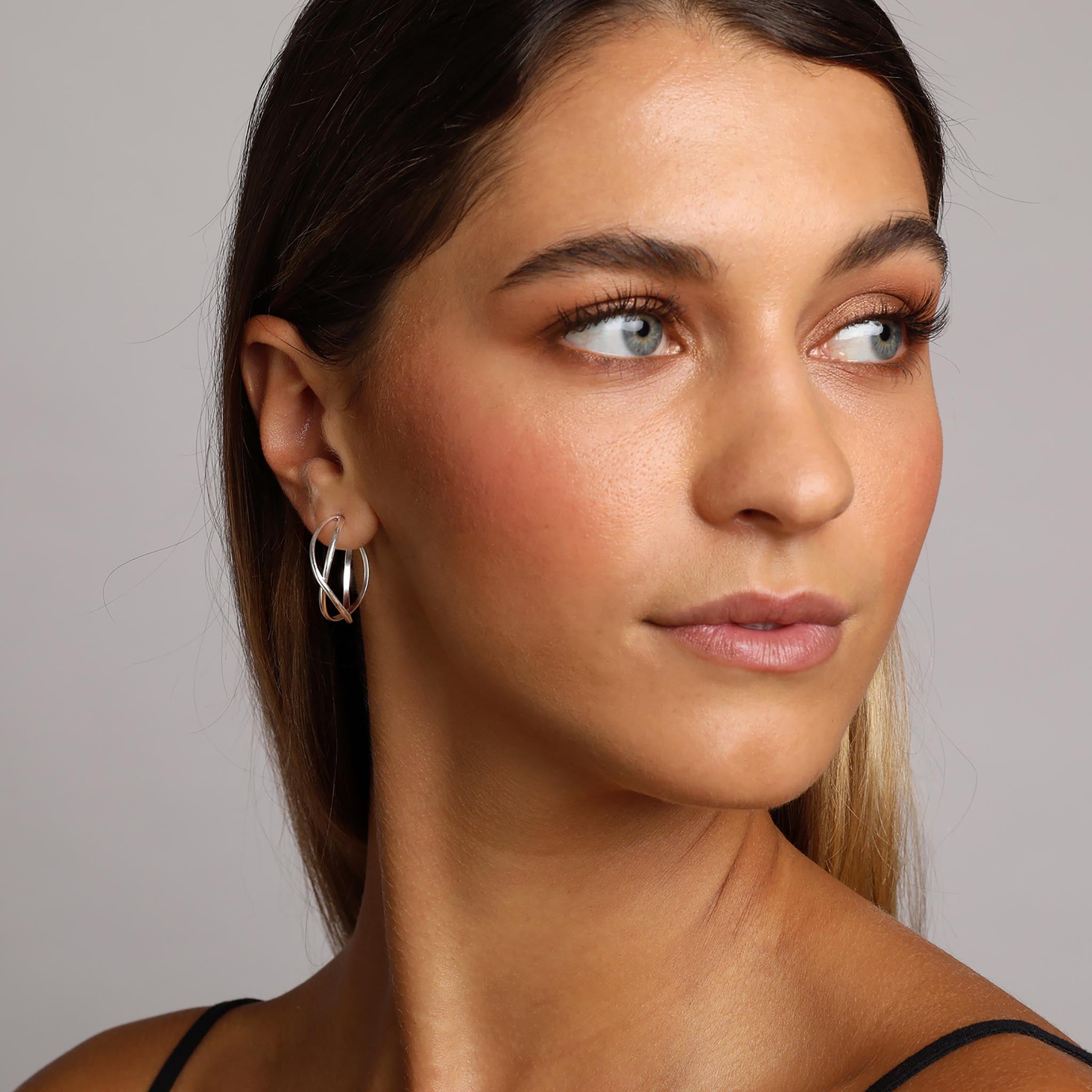 Silver Crossover Hoop Stud Earrings