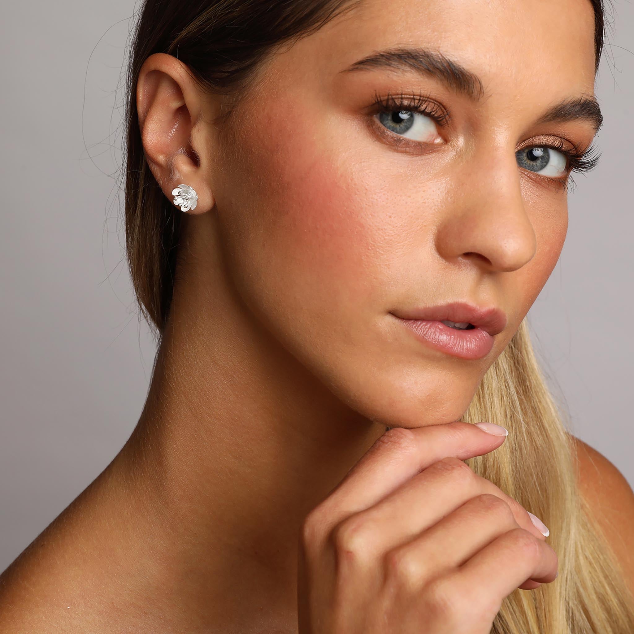 Silver Cup Shaped Flower Stud Earrings