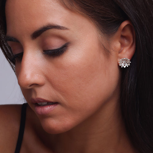 Silver Curved Flowers Stud Earrings