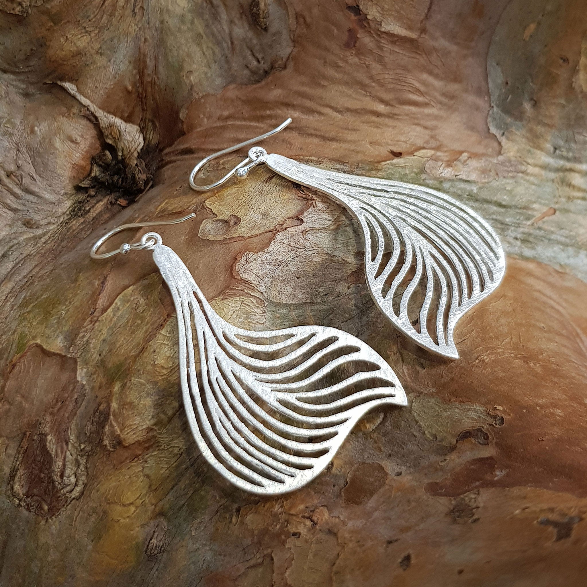 Silver Curved Skeleton Leaf Earrings