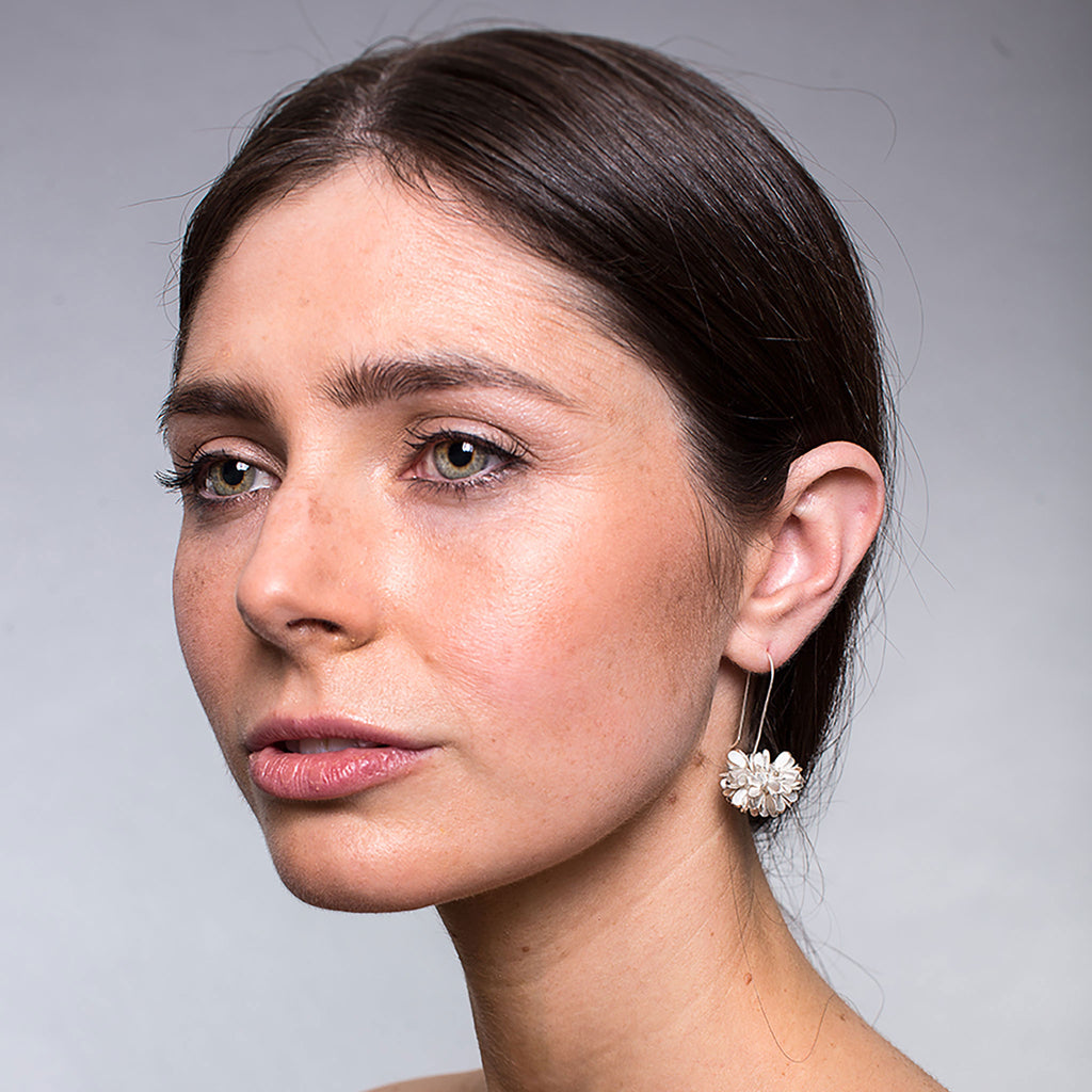 Silver Dahlia Dangling Flower Earrings