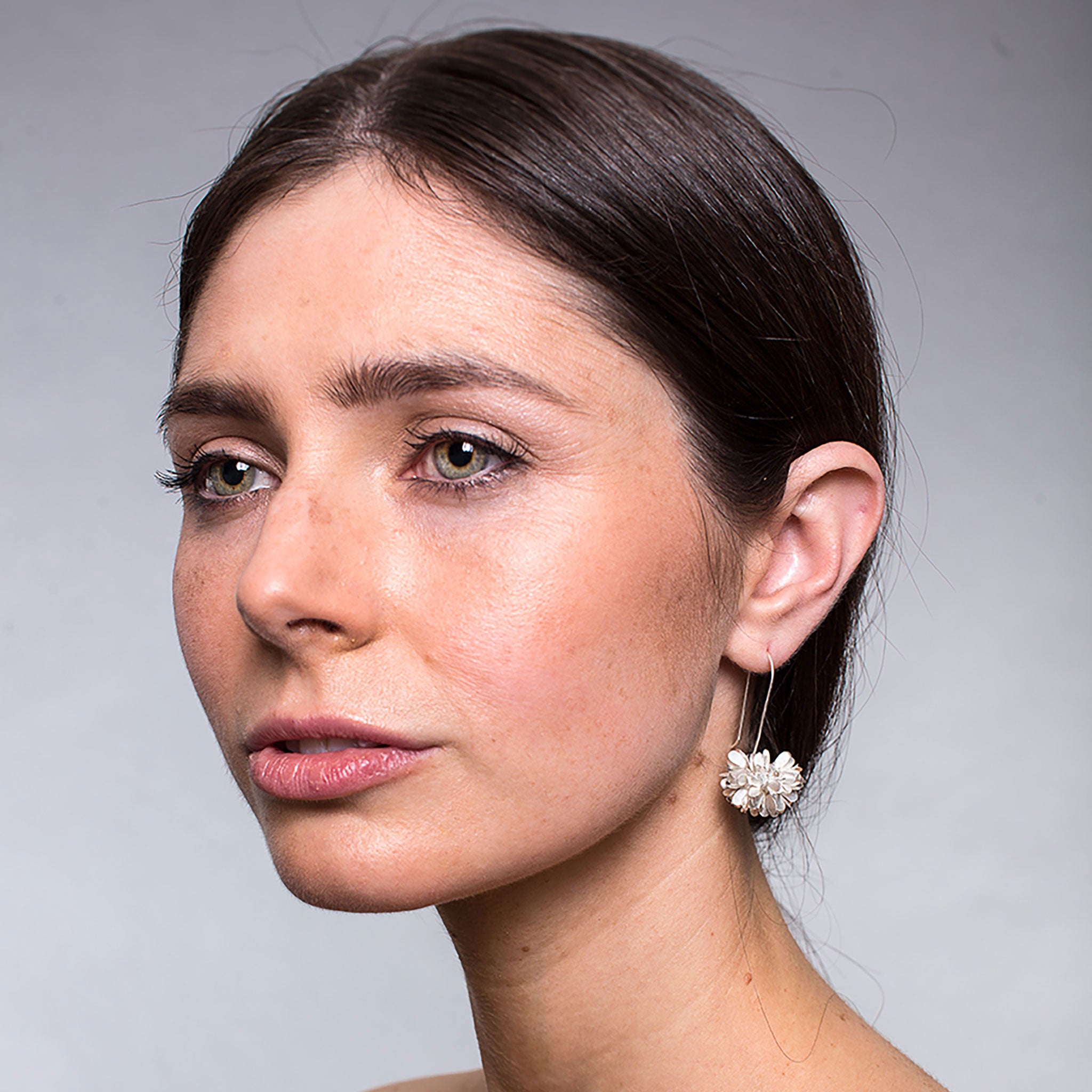 Silver Dahlia Dangling Flower Earrings