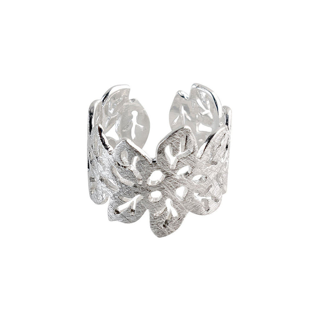Silver Detailed Leaf Pattern Open Ring