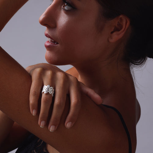 Silver Detailed Leaf Pattern Open Ring