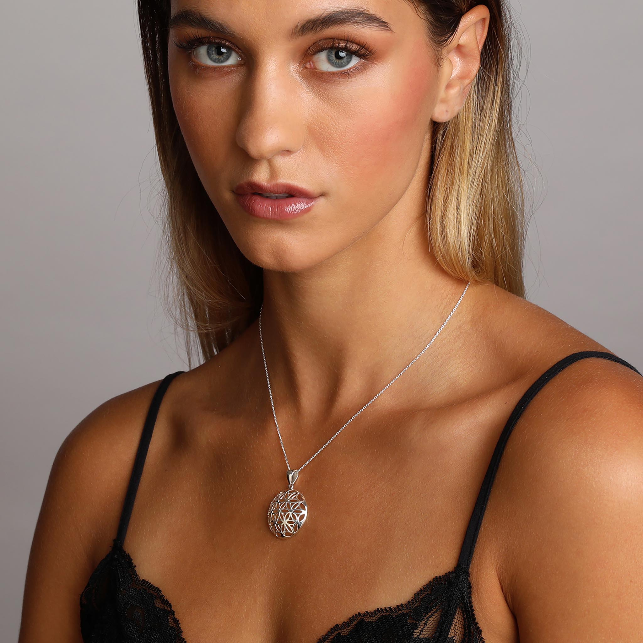 Silver Flower Design Embellished Domed Pendant