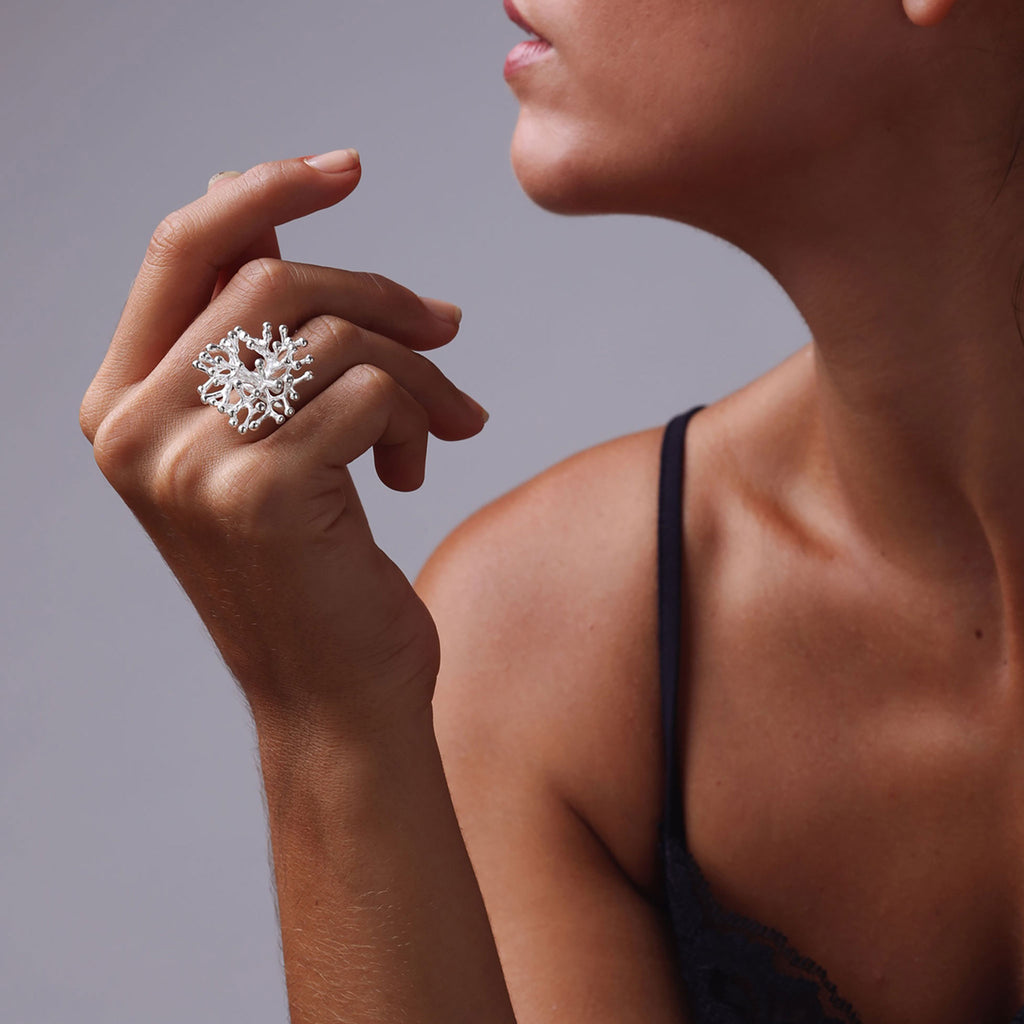 Silver Large Coral Branch Adjustable Ring