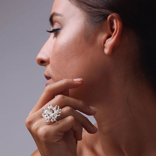Silver Large Coral Branch Adjustable Ring
