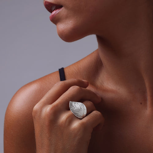 Silver Large Leaf Adjustable Ring