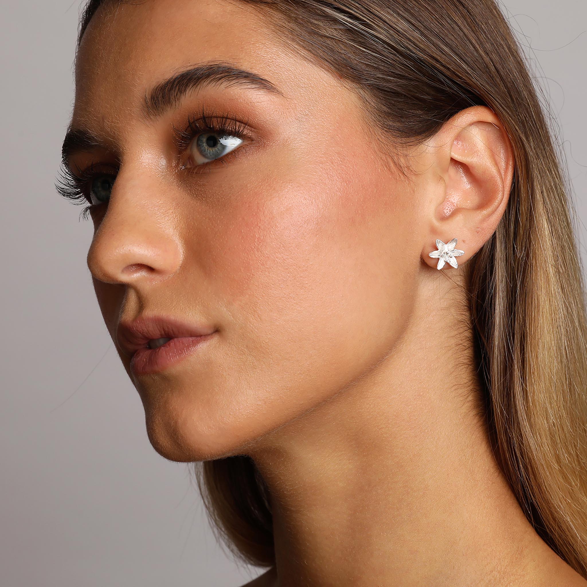 Silver Lily Flower Stud Earrings