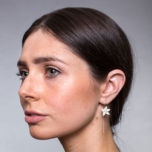Silver Lily Flower with a Long Back Earrings