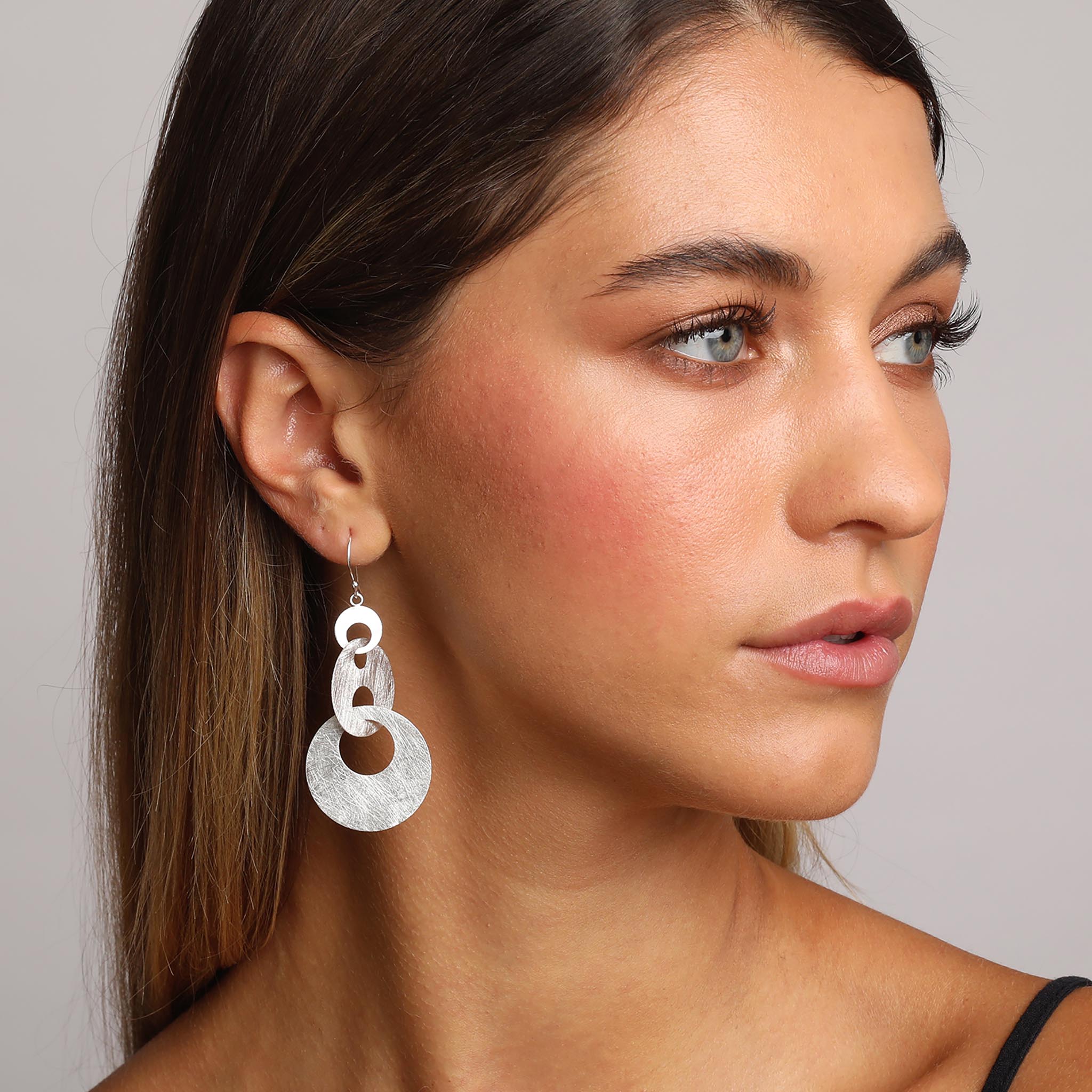 Silver Linked Triple Hoop Dangle Earrings